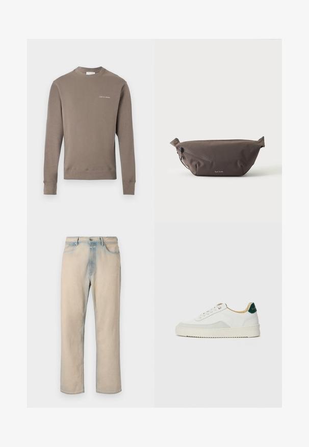 Sweatshirt taupe à manches longues avec des poignets et un ourlet côtelés, présentant un petit logo blanc "Tiger of Sweden" sur la poitrine gauche.; Jean en denim beige clair avec une coupe droite, des accents bleu délavé, cinq poches et une fermeture à bouton à la taille.; Baskets blanches avec des accents en daim, bout arrondi, lacets plats et semelle en caoutchouc crème. Présente une marque verte sur le talon.; Sac banane en tissu marron foncé avec poche zippée en diagonale et petit logo blanc sur le devant, sur un fond clair uni.