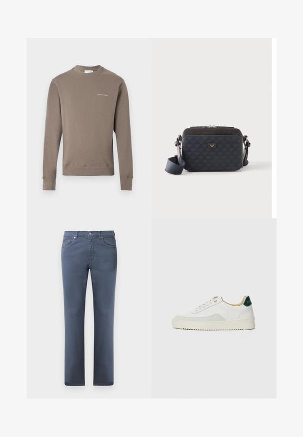 Langærmet taupe sweatshirt med ribbede manchetter og kant, med lille hvid "Tiger of Sweden" logo på venstre bryst.; Grå denimjeans med lige pasform, fem lommer og metalknaplukning. Har diskret syning og et lille logodesign.; Hvide sneakers med ruskindsdetaljer, rund tå, flade snørebånd og en cremet gummisål. Har grøn branding på hælen.; Rektangulær mørkeblå crossbody-taske med justerbar rem, lynlåslukning og diskret logomønster på frontpanelet.