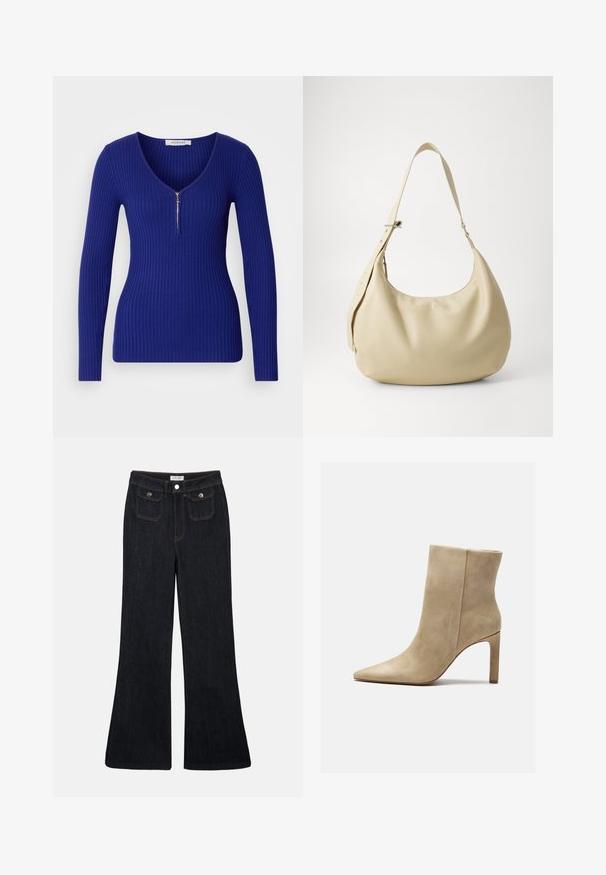 Morgan MALIKO - Trui - ultra bleu; Flared donkerdenim jeans met een hoge taille, twee voorzakken en oranje stiksels. Het materiaal lijkt stevig en glad.; Zign by Zalando Enkellaarsjes met hoge hak - beige; Beige leren schoudertas met een gebogen vorm, verstelbare schouderband en reliëf logo detail, met een gladde textuur en een minimalistisch ontwerp.