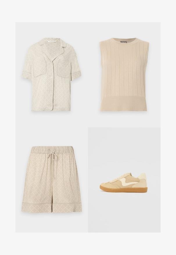 Ærmeløs beige strikket sweater med lodret ribbet mønster og bred kant, med rund halsudskæring.; Kortærmet skjorte med knaplukning i lys beige med diamantmønster, to brystlommer og slå-krave. Glat stofstruktur.; Beige shorts lavet af blødt stof med elastisk talje, snøre og diamantmønstret tekstur. Har en opkravet kant.; Beige sneakers med ruskind og mesh-materialer, rund form, fremtrædende polstret krave og en gummikondisko. Har et bølge-design som accent.