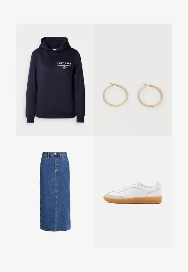 Sudadera con capucha en azul marino fabricada con un tejido suave que presenta el texto blanco "GANT 1949" y un detalle gráfico a rayas en rojo y blanco.; Falda midi de mezclilla en azul medio con corte recto, cierre delantero de botones, dos bolsillos laterales y costuras visibles para dar textura.; Zapatilla de cuero blanca con acentos de ante beige, suela de goma y diseño de cordones. Presenta un sutil logo en dorado.; Par de pendientes de aro de tamaño mediano con tono dorado y cierre de bisagra sobre un fondo claro y liso.