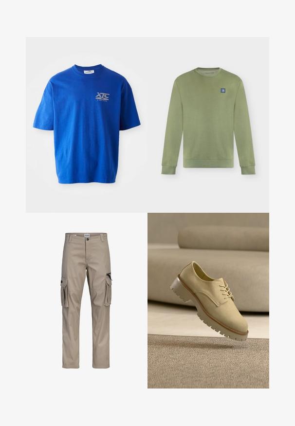 Sudadera de manga larga y cuello redondo de color verde claro, con puños y dobladillo acanalados, con un pequeño logo cuadrado azul en el pecho.; Camiseta de algodón azul con mangas cortas, con un logo gris en la parte superior izquierda del pecho, escote redondo y un corte relajado.; Pantalones cargo beige con cierre de botón y cremallera, con varios bolsillos, incluyendo dos grandes bolsillos con solapa en los laterales, uno de ellos con cremallera.; Zapato beige de ante con cordones y suela gruesa flotando sobre una alfombra texturizada, sofá de tonos neutros al fondo. No hay personas presentes.