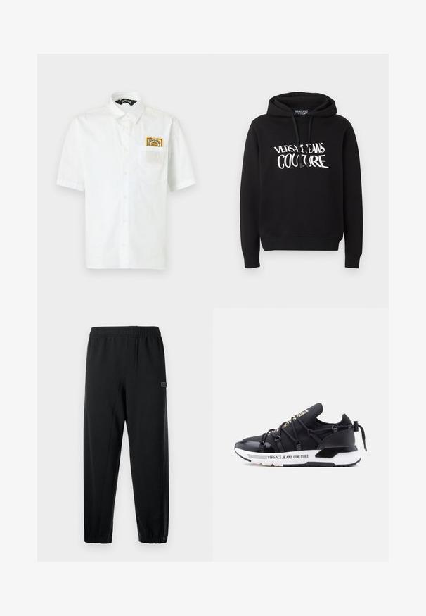 Sweat à capuche noir à manches longues avec texte blanc "Versace Jeans Couture" sur la poitrine, doté de cordons de serrage sur la capuche.; Chemise blanche à manches courtes avec col et une petite écusson brodée colorée qui dépasse de la poche poitrine gauche.; Pantalons de survêtement noirs avec une taille élastique, des jambes fuselées et une petite patch de marque. Fabriqués en tissu lisse et léger.; Baskets de sport noires avec une tige lisse, un design à lacets, une semelle blanche et le logo "Versace Jeans Couture" sur le côté.