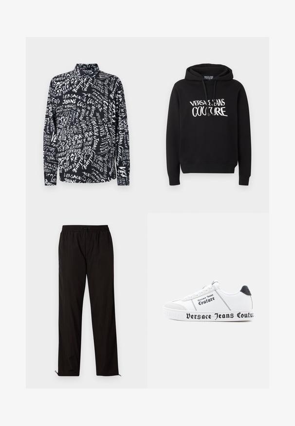 Čierna mikina s kapucňou a dlhými rukávmi s bielym nápisom "Versace Jeans Couture" na hrudi, s šnúrkami na kapucni.; Čierna košeľa s dlhým rukávom s bielym textom "Versace Jeans Couture" v rôznych písmach a veľkostiach, so vysokým golierom a uvoľneným strihom.; Čierne ľahké nohavice s elastickým pásom, sťahovacím pásom a zipsami na spodnej časti, ktoré umožňujú prispôsobiť veľkosť. Hladká, lesklá textura.; Biele tenisky s textúrovaným povrchom, čiernymi akcentmi a výrazným logom "Versace Jeans Couture" pozdĺž podrážky a strán.