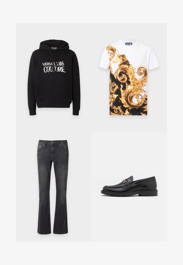 Sudadera negra con capucha y mangas largas, con texto blanco "Versace Jeans Couture" en el pecho, y cordones ajustables en la capucha.; Camiseta blanca de manga corta con audaces patrones barrocos en espiral en oro y negro en la parte delantera y una etiqueta "Versace Jeans Couture" en el cuello.; Jeans de mezclilla negra con diseño acampanado, cinco bolsillos y cierre de botón metálico. La tela tiene una textura suave con un ligero desgaste.; Mocasines de cuero negro con punta redondeada, que cuentan con un detalle de herrajes dorados y costuras, situados sobre una suela de goma texturizada y baja.