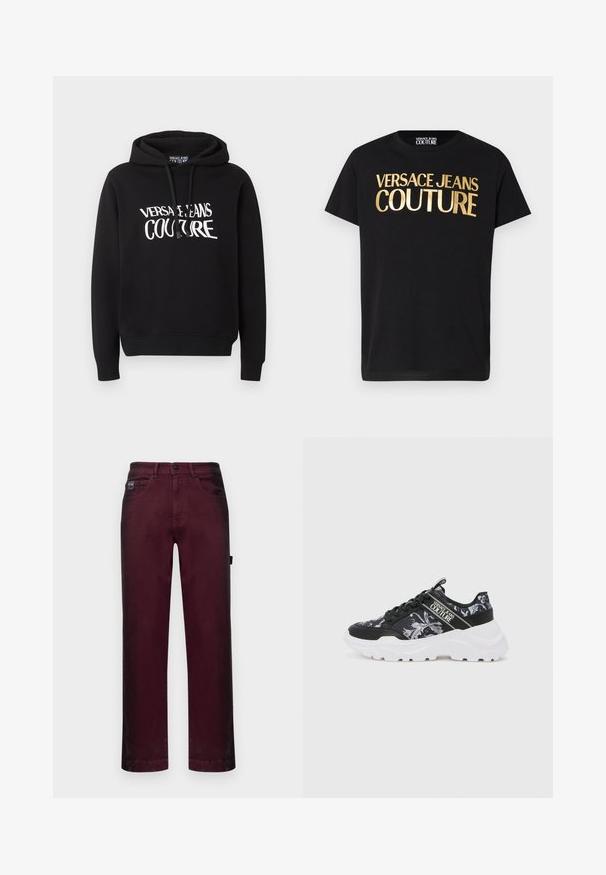 Čierna mikina s kapucňou a dlhými rukávmi s bielym nápisom "Versace Jeans Couture" na hrudi, s šnúrkami na kapucni.; Čierne tričko s krátkym rukávom so širokým zlatým metalickým nápisom "Versace Jeans Couture" na prednej strane a okrúhlym výstrihom.; Burgundské denimové nohavice so streight strihom, piatimi vreckami, kovovým uzáverom a pútkami na opasok pre nastaviteľnú veľkosť.; Čierne športové topánky s kvetinovým vzorom a bielou hrubou podrážkou. Obsahujú čierne šnúrky a logo popruh na boku. Vrchný materiál s textúrovanou štruktúrou.