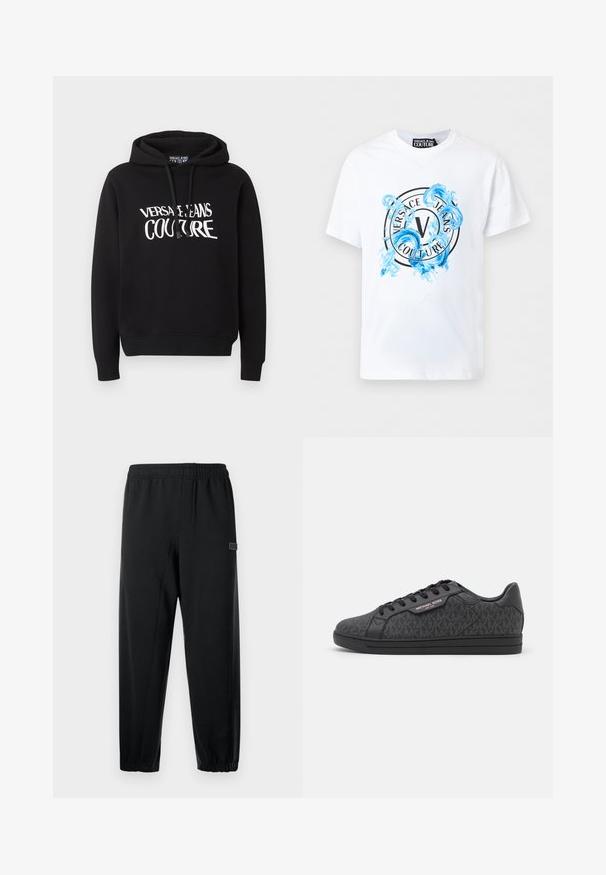 Sort hættetrøje med lange ærmer og hvid "Versace Jeans Couture" tekst på brystet, med snoretræk i hætten.; Hvid kortærmet Versace Jeans Couture T-shirt med en cirkulær logo og et blåt dekorativt vandsprøjt-design på forsiden.; Sorte sweatpants med elastisk talje, skrå ben og et lille mærketegn. Fremstillet af glat, let stof.; Sorte sneakers med en tekstureret stofoverdel med et subtilt MK-mønster, sorte læderdetaljer og en sort gummisål.
