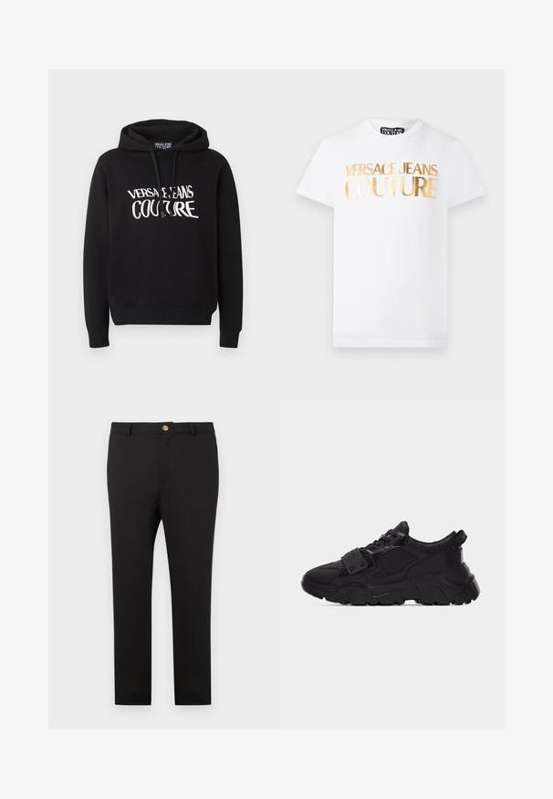 Sweat à capuche noir à manches longues avec texte blanc "Versace Jeans Couture" sur la poitrine, doté de cordons de serrage sur la capuche.; T-shirt blanc à manches courtes avec texte métallisé doré "Versace Jeans Couture" sur le devant et col rond.; Pantalon noir coupe slim avec fermeture à boutons dorés et passants pour ceinture, présenté sur un fond blanc uni.; Baskets noires épaisses avec des panneaux en mesh et cuir, semelle épaisse texturée, devant à lacets et une bride avec des clous métalliques traversant les lacets.
