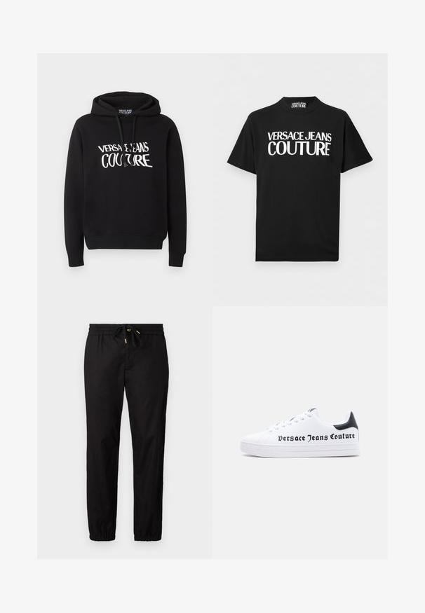 Schwarzer Kapuzenpullover mit langen Ärmeln und weißem "Versace Jeans Couture" Schriftzug auf der Brust, mit Kordelzügen an der Kapuze.; Schwarzes T-Shirt mit kurzen Ärmeln und auffälligem weißem Schriftzug "VERSACE JEANS COUTURE" mittig auf der Vorderseite sowie einem passenden Etikett im Krageninnenteil.; Schwarze Hose mit einem elastischen Bund und Kordelzug. Hat schmal zulaufende Beine mit elastischen Bündchen. Glattes, leichtes Material.; Weißer Sneaker mit niedrigem Schnitt, schwarzem Fersenlasche, Schnürdesign und dem Schriftzug "Versace Jeans Couture" in Schwarz auf der Seite gedruckt.