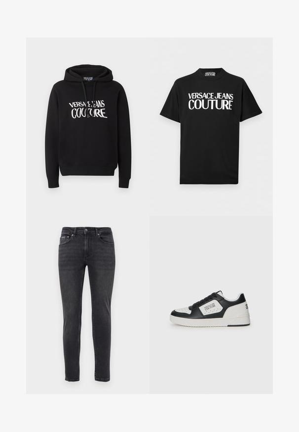 Schwarzer Kapuzenpullover mit langen Ärmeln und weißem "Versace Jeans Couture" Schriftzug auf der Brust, mit Kordelzügen an der Kapuze.; Schwarzes T-Shirt mit kurzen Ärmeln und auffälligem weißem Schriftzug "VERSACE JEANS COUTURE" mittig auf der Vorderseite sowie einem passenden Etikett im Krageninnenteil.; Schmal geschnittene schwarze Jeans mit fünf Taschen und einem Knopf- und Reißverschluss, vor einem schlichten weißen Hintergrund präsentiert.; Schwarzer und weißer Sneaker mit einem glatten Lederobermaterial, durchlöcherter Zehenbox, kontrastierendem weißen Element und Logodetails an der Seite und Ferse.