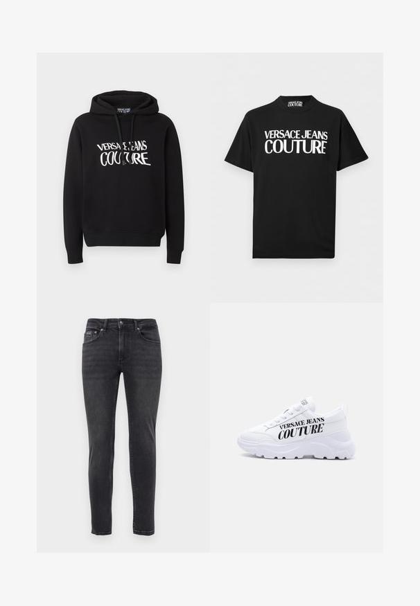 Zwarte capuchontrui met lange mouwen en witte tekst "Versace Jeans Couture" op de borst, voorzien van trekkoorden aan de capuchon.; Zwart T-shirt met korte mouwen en dikke witte tekst "VERSACE JEANS COUTURE" midden op de voorkant, met een bijpassend label aan de binnenkant van de kraag.; Slim-fit zwarte denim jeans met vijf zakken en een knoop- en ritssluiting, tentoongesteld tegen een effen witte achtergrond.; Witte chunky sneaker met dikke zool, veterdesign en "Versace Jeans Couture" in dikke zwarte letters aan de zijkant gedrukt.