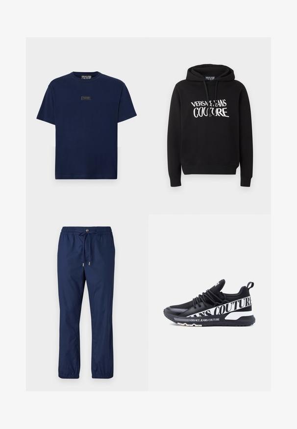 Čierna mikina s kapucňou a dlhými rukávmi s bielym nápisom "Versace Jeans Couture" na hrudi, s šnúrkami na kapucni.; Námornícky modré tričko s krátkym rukávom vyrobené z bavlny, s obdĺžnikovou nášivkou loga na hrudi. Klasický okrúhly výstrih a voľný strih.; Námornícke modré ľahké nohavice s elastickým pásom, sťahovacou šnúrou a manžetami. Vyrobené z hladkého materiálu, s jednoduchým dizajnom.; Čierna atletická teniska s priedušnou sieťovinou a syntetickými materiálmi. Výrazné biele označenie "VERSACE JEANS COUTURE" na boku. Hrubá gumová podrážka.