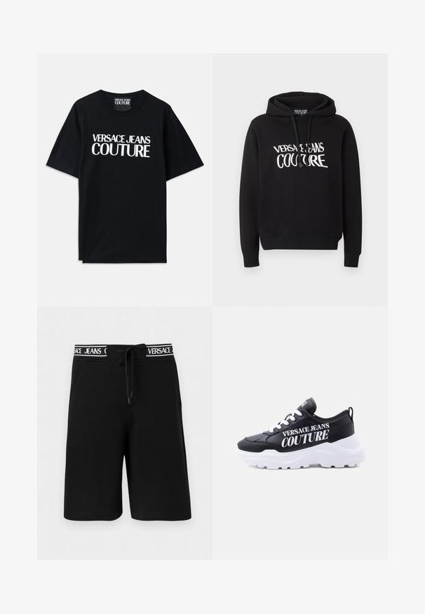 Sudadera negra con capucha y mangas largas, con texto blanco "Versace Jeans Couture" en el pecho, y cordones ajustables en la capucha.; Camiseta de algodón negra con mangas cortas que presenta un gran texto blanco "VERSACE JEANS COUTURE" en la parte delantera. Diseño clásico de cuello redondo.; Pantalones cortos negros hasta la rodilla con bolsillos laterales y cintura con cordón que presenta la marca blanca "VERSACE JEANS".; Zapatilla negra de corte bajo con suela blanca gruesa, cordones blancos y gran texto blanco "Versace Jeans Couture" en el lateral.
