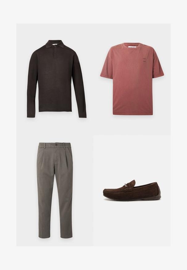 Langærmet mørkebrun polo lavet af blødt stof, med spids krave og tre-knaps lukning. Glat tekstur uden mønstre.; Kortærmet t-shirt med rund hals i støvet rød, lavet af blødt stof. Har subtil sort tekst på fronten. Enkel, afslappet pasform.; Grå, skræddersyede bukser lavet af glat stof; har knaplukning, bæltestropper og to forreste læg for ekstra detaljer.; Brune ruskinds loafers med en syet design, subtil tekstur, rund tå og sølvhardware detaljer. Lav gummisål for komfort.