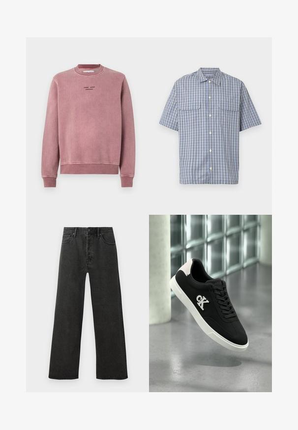 Rosenrød sweatshirt med struktureret stof, ribbede manchetter og halskant samt broderede logo-detaljer i sort på fronten.; Kortærmet skjorte med knapper foran i blå, hvid og sort ternet mønster og to brystlommer med klap på hvid baggrund.; Sorte højtaljede lige ben jeans i denim med frontknap, lynlås og fem lomme-design på en hvid baggrund.; Sort sneaker med hvid sål, ruskindsdetaljer, snørebånd og broderet 'CK' logo på siden. Glat tekstur med et sporty design.