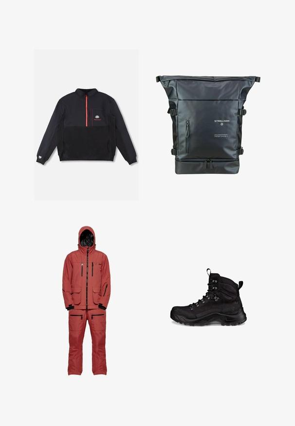 Schwarzer Fleece-Pullover mit langen Ärmeln, rotem Viertel-Reißverschluss, Brusttasche mit Logo, roten Steppnähten und elastischen Bündchen vor weißem Hintergrund.; Roter wasserdichter Skianzug mit Kapuze, ausgestattet mit schwarzen Reißverschlüssen und Akzenten, mehreren Taschen und einem strukturierten Stoff für Isolierung.; Schwarzer Wanderschuh mit robustem Design, aus Textil- und Gummimaterialien, sechs Ösen und einer strukturierten Sohle für besseren Halt.; Schwarzer Roll-Top-Rucksack aus wasserdichtem Material. Verfügt über verstellbare Träger, eine vordere Reißverschlusstasche und bedruckte Markendetails.