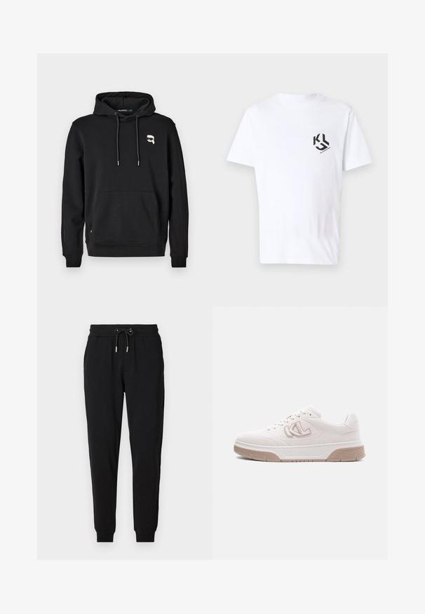 Zwarte hoodie met een frontzak, capuchon met trekkoord en logodetail op de linkerborst. Gemaakt van zachte stof met ribgebreide manchetten en onderrand.; Witte katoenen T-shirt met korte mouwen, voorzien van een zwart grafisch logo op de linkerborst. Glad textuur en ronde hals.; Zwarte joggingsbroek met een elastische tailleband, verstelbare koord, zijzakken en tapered pijpen. Gemaakt van zachte, rekbare stof.; Witte lage sneaker met beige zool, zijkantlogo en vetersluiting op een effen lichtgrijze achtergrond.