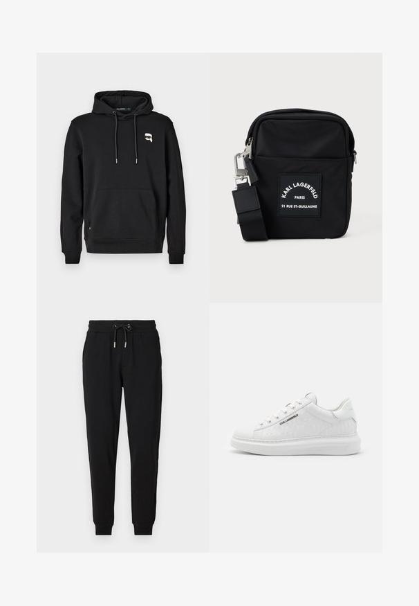 Sudadera negra con bolsillo frontal, capucha con cordones y detalle del logo en el lado izquierdo del pecho. Fabricada en tela suave con puños y dobladillo acanalados.; Pantalones deportivos negros con cintura elástica, cordón ajustable, bolsillos laterales y piernas ajustadas. Fabricados con un tejido suave y elástico.; Zapatilla blanca hecha de cuero suave con un patrón en relieve. Presenta punta redonda, cordones en la parte frontal y suela texturizada. Detalle del logo en plata en el lateral.; Bolsa cruzada de nailon negra con forma rectangular, presenta una etiqueta en el parche frontal, herrajes plateados y una correa ajustable.
