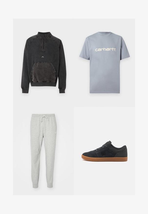 Zwart gewassen halve rits sweater met kangoeroezak, geribde manchetten en zoom, en klein "A C W" logo op de borst.; Lichtblauw T-shirt met korte mouwen van katoen, met het logo "carhartt." in een contrasterende lichte kleur op de borst. Eenvoudig ontwerp.; Grijze sweatpants gemaakt van zacht materiaal met een elastische tailleband, een trekkoordsluiting en ribgebreide boorden. Voorzien van een klein logo aan de zijkant.; Donkergrijze suède sneakers met een rubberen tan zool, voorzien van een zwart logo aan de zijkant en textuuraccenten op het bovenwerk.