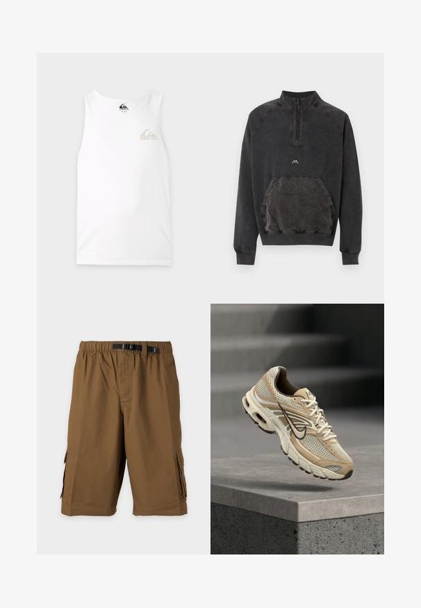 Sort sweatshirts med halv lynlås, kængurulomme, ribstrikkede manchetter og kant samt lille "A C W" logo på brystet.; Hvid ærmeløs tank top med et lille gråt og beige Quiksilver-logo på venstre bryst og label inde i nakken.; Brune cargo-kortbukser til knæet med sidelommer og et justerbart sort taljebælte på en ensfarvet baggrund.; Beige og hvid Nike løbesko med mesh paneler og sort swoosh, der svæver over en betonkant med slørede trapper i baggrunden.