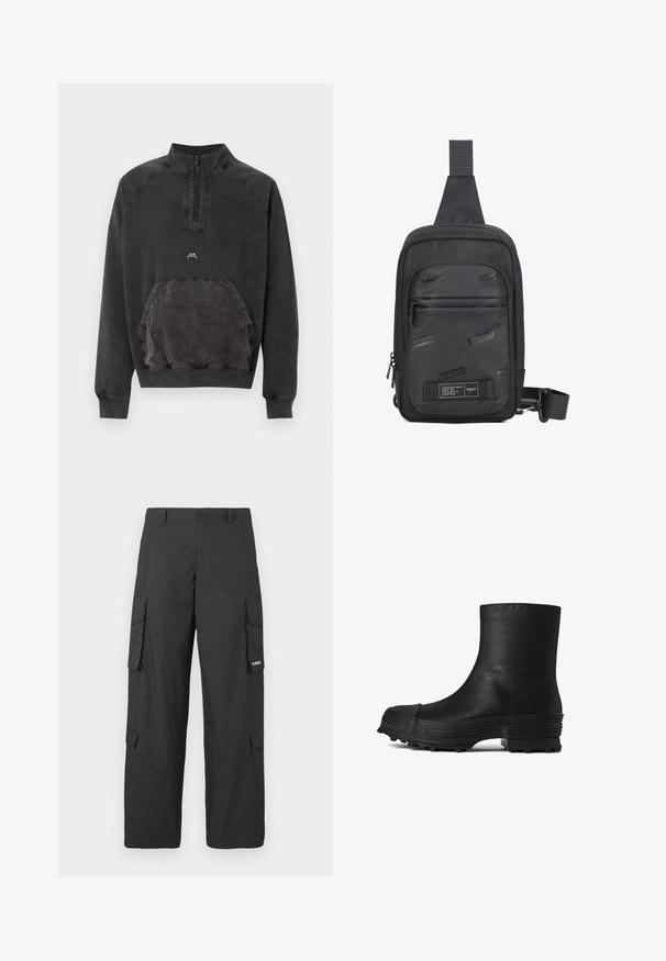 Zwart gewassen halve rits sweater met kangoeroezak, geribde manchetten en zoom, en klein "A C W" logo op de borst.; Zwarte cargo broek met rechte pijpen, zijflapzakken, knoopsluiting, riemlussen en een klein wit logo op de flap van de rechterzak.; CAMPERLAB TRAKTORI - Lage laarzen - schwarz; Zwarte schoudertas gemaakt van duurzaam materiaal, met een gladde voorpaneel met reliëflogo's, een verstelbare schouderband en ritssluitingen.