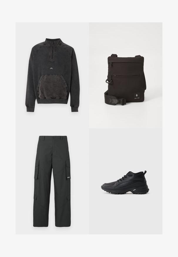 Sort sweatshirts med halv lynlås, kængurulomme, ribstrikkede manchetter og kant samt lille "A C W" logo på brystet.; Sorte straight-leg cargo bukser med sidelommer med klap, knaplukning, bæltestropper og et lille hvidt logo på klappen af højre lomme.; Sorte atletikskøjter lavet af syntetisk materiale. Har en polstret krave, rund tå, robust ydersål med godt greb og detaljer med mærkelogo.; Kompakt sort crossover taske med justerbar rem, to vandrette lynlåslommer og et lille brandlogo-patch nederst til højre foran.