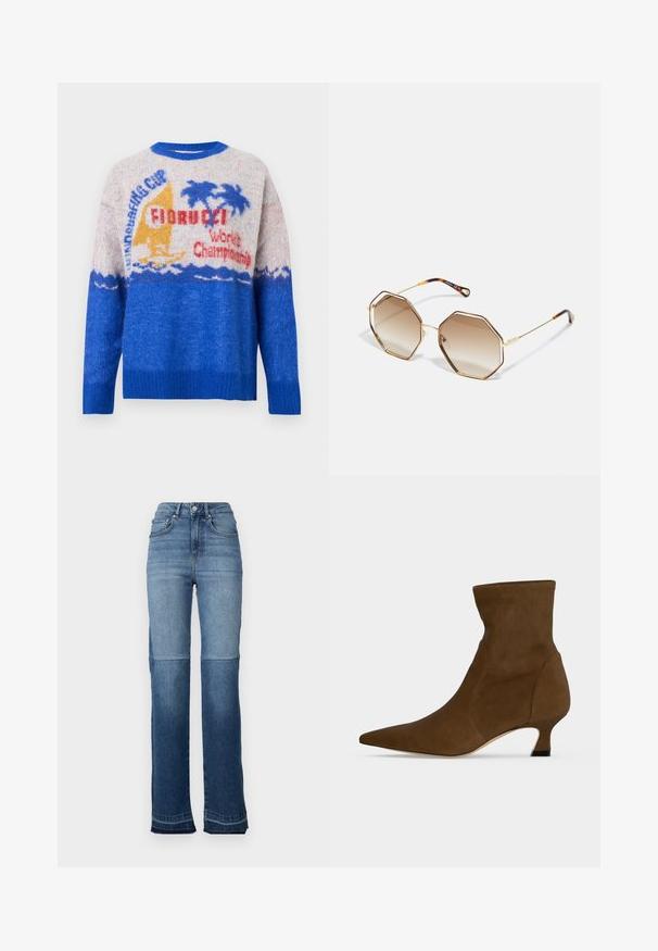 Blå strikket sweater med en tekstureret overflade. Har et grafisk print af en sejlbåd, palmetræer og tekst på en lys grå baggrund.; Højtaljede denim jeans med en gradient fra lys til mørkeblå, lige ben design og frynser ved manchetterne.; Brun ankelstøvle med spids tå og lav kitten hæl, lavet af glat materiale, vist mod en ensfarvet baggrund.; CHLOÉ POPPY HEXAGONAL METAL SUNGLASSES - Solbriller - havana/gold-coloured/brown