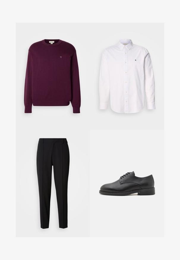Sweater de punto morado con mangas largas, cuello redondo, dobladillo y puños acanalados, que presenta un pequeño logo de CK en el pecho. Textura suave.; Camisa blanca de algodón, con cuello clásico, mangas largas y un pequeño logo de CK en el lado izquierdo del pecho. Textura suave.; Calvin Klein PULL ON - Pantalones - black; Zapato oxford de cuero negro con punta redonda, que presenta un acabado suave, cierre de cordones con cinco ojales y un tacón bajo apilado.