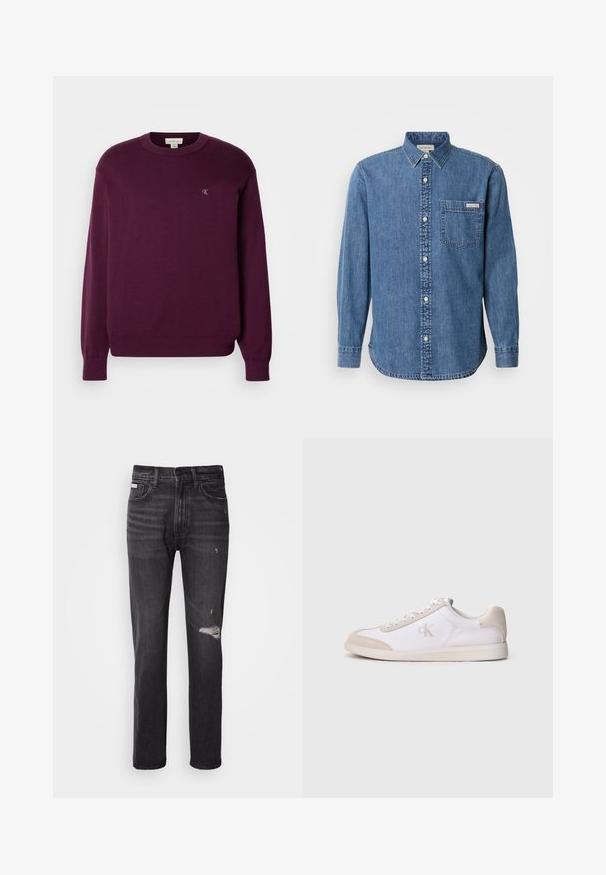 Violetti neulepaita pitkillä hihoilla, pyöreällä kaula-aukolla, ribbireunalla ja -hihoilla, jossa on pieni CK-logo rinnassa. Suunnikas pinta.; Denim-paita keskipitkässä sinisessä, jossa on napitettava kaulus, pitkät hihat, etutasku ja valkoiset napit. Paitassa on hieman kaareva helma.; Mustat farkut, joissa on suora lahjeratkaisu, kulutukset polvessa, viisi taskua ja hillitty haalistunut pinta.; Valkoinen ja beige matalavartinen tennari, jossa nauhallinen etuosa, mokkanahkaiset yksityiskohdat ja sivulla oleva "cK"-logo, esitetty sivuprofiilissa yksinkertaisella taustalla.