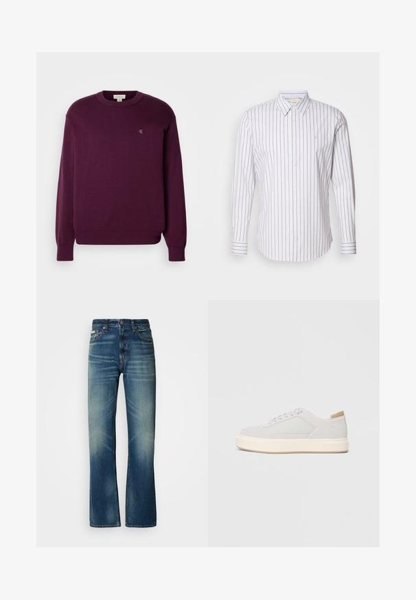 Lila Strickpullover mit langen Ärmeln, rundem Ausschnitt, geripptem Saum und Bündchen, mit kleinem CK-Logo auf der Brust. Glatte Textur.; Calvin Klein SLIM FIT - Hemd - gray marble; Blaue Jeans aus Denim mit geradem Schnitt, mittlerer Waschung, ausgewaschenen Details, fünf Taschen und einem Knopfverschluss. Auffällige Nähte entlang der Nähte.; Hellgraue Sneaker mit einer glatten Synthetik-Oberfläche, runder Spitze und einer strukturierten cremefarbenen Zwischensohle. Helle tanfarbene Akzente an der Ferse.