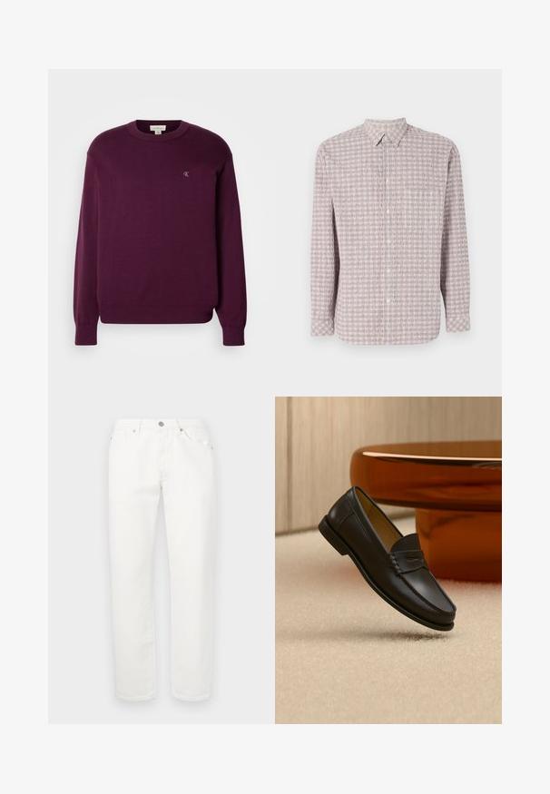 Sweater de punto morado con mangas largas, cuello redondo, dobladillo y puños acanalados, que presenta un pequeño logo de CK en el pecho. Textura suave.; Camisa de manga larga abotonada en rosa claro con un patrón cuadrado texturizado. Tejido de algodón, cuello clásico y cierre de botones.; Pantalones de mezclilla blanca con un diseño de pierna recta. Presenta un clásico diseño de cinco bolsillos, cierre de botón metálico y una ligera textura.; Zapato mocasín de cuero negro suspendido sobre una alfombra beige con muebles modernos de color ámbar en el fondo.