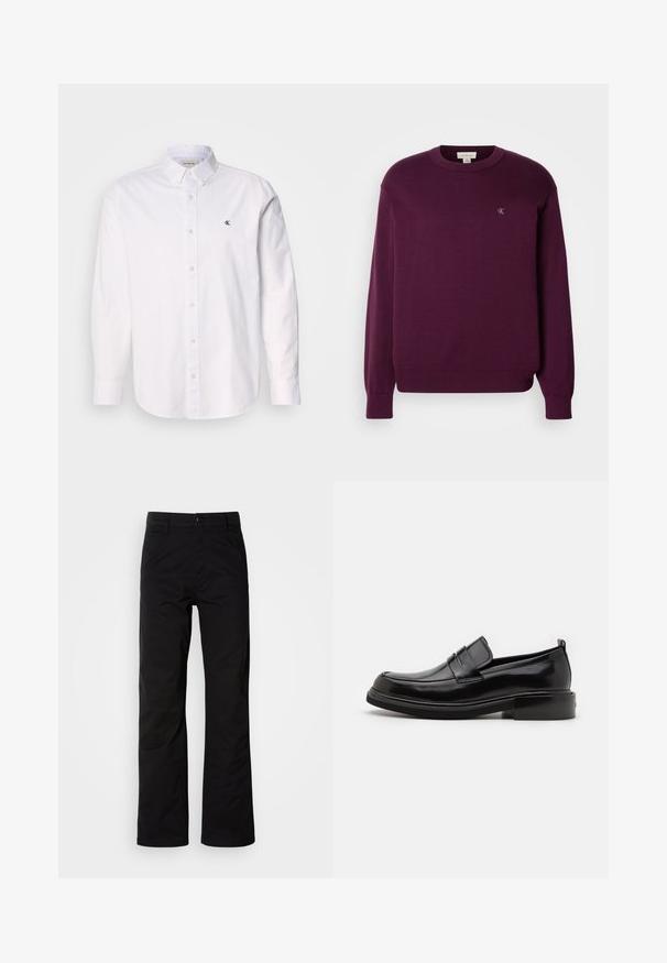 Sweater de punto morado con mangas largas, cuello redondo, dobladillo y puños acanalados, que presenta un pequeño logo de CK en el pecho. Textura suave.; Camisa blanca de algodón, con cuello clásico, mangas largas y un pequeño logo de CK en el lado izquierdo del pecho. Textura suave.; Pantalones de algodón negros con un diseño de pierna recta, que cuentan con un cierre de botón y lazos para cinturón. Textura suave y estilo minimalista sin patrones visibles.; Calvin Klein MOCCASIN - Mocasines elegantes - black