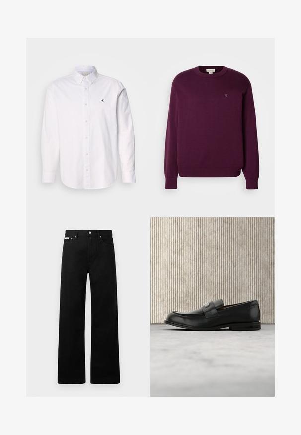 Paarse gebreide trui met lange mouwen, ronde hals, geribbelde zoom en manchetten, en een klein CK-logo op de borst. Gladde textuur.; Witte button-up shirt gemaakt van katoen, met een klassieke kraag, lange mouwen en een klein CK-logo op de linkerborst. Glad oppervlak.; Zwarte spijkerbroek met een wijd uitlopende pasvorm, voorzien van vijf zakken en metallic knopen. Gladde textuur, geen zichtbare patronen.; Zwarte leren loafer met een metalen merktekenplaatje, rustend bij een bruine ronde tafel op een beige tapijtvloer.