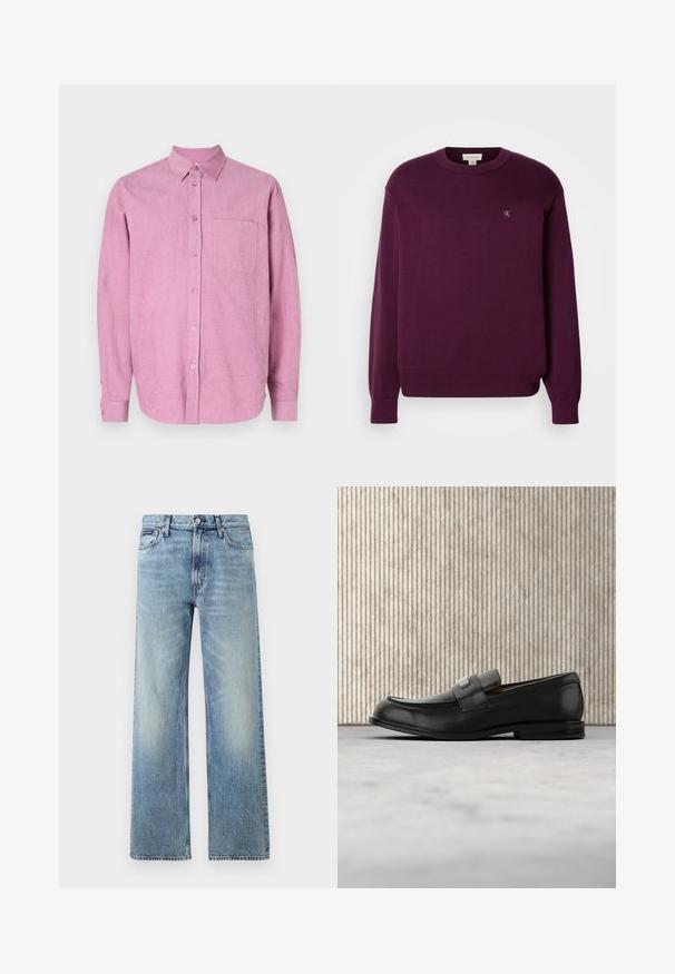 Sweater de punto morado con mangas largas, cuello redondo, dobladillo y puños acanalados, que presenta un pequeño logo de CK en el pecho. Textura suave.; Camisa de pana rosa con cuello tipo botón, mangas largas y un bolsillo en el pecho. Presenta acanalado vertical y cierre frontal de botones.; Vaqueros de mezclilla azul claro de corte recto con cintura alta, cinco bolsillos, cierre de botón y sutil desgaste en los muslos y las rodillas.; Mocasín de cuero negro con una placa metálica de marca apoyado cerca de una mesa redonda marrón sobre un suelo alfombrado beige.