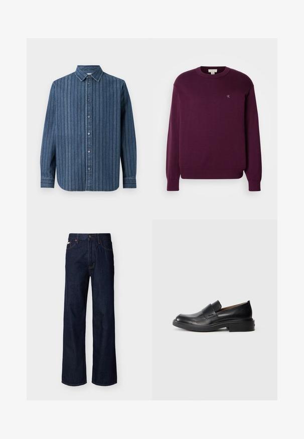 Lila Strickpullover mit langen Ärmeln, rundem Ausschnitt, geripptem Saum und Bündchen, mit kleinem CK-Logo auf der Brust. Glatte Textur.; Samsøe Samsøe SADAMON SHIRT - Hemd - denim; Dunkelblaue Jeans mit geradem Bein, Fünf-Taschen-Design und Knopfverschluss, auf hellem einfarbigem Hintergrund präsentiert.; Schwarze Leder-Pantoletten mit niedrigem Absatz und dezentem Calvin Klein-Logo an der Seite, im Profil vor einem weißen Hintergrund dargestellt.