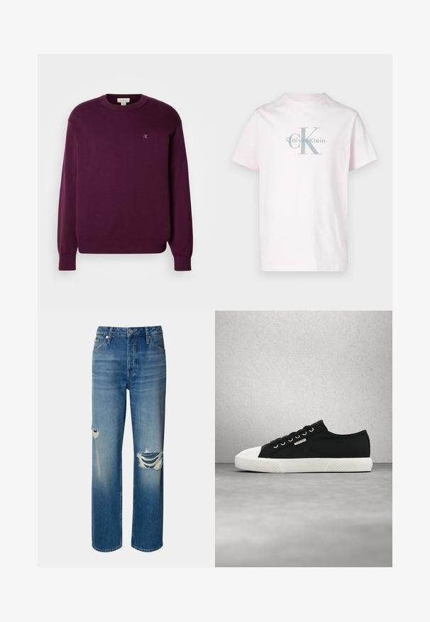 Paarse gebreide trui met lange mouwen, ronde hals, geribbelde zoom en manchetten, en een klein CK-logo op de borst. Gladde textuur.; Roze katoenen T-shirt met een ronde hals en korte mouwen, met een grijs "CK"-logo en daaronder de naam "Calvin Klein" gedrukt.; Lichtblauwe denim jeans met een hoge taille, rechte pijpen en versleten scheuren op beide knieën. Voorzien van het klassieke vijf-pocket ontwerp en een knoopsluiting.; Zwart-witte Calvin Klein sneaker met lage schacht en veters, zwevend boven een gladde grijze vloer nabij een glasstenen muur.