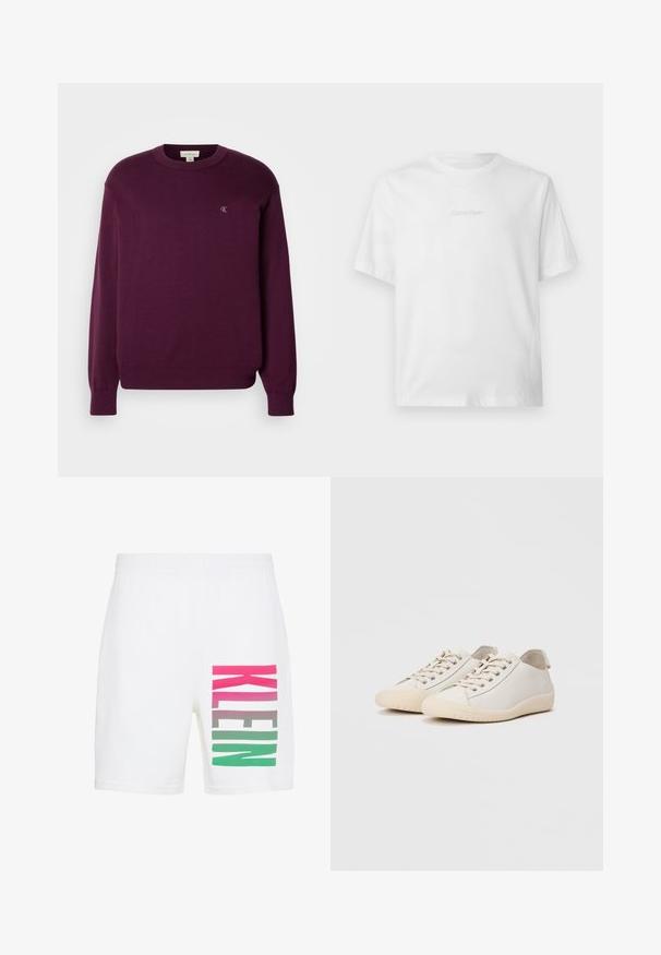 Pull en tricot violet avec manches longues, col rond, bord-côte en bas et aux poignets, arborant un petit logo CK sur la poitrine. Texture lisse.; T-shirt blanc à manches courtes avec col rond, avec un discret logo Calvin Klein embossé centré sur la poitrine.; Short blanc avec taille élastique et grand texte vertical "KLEIN" sur la jambe droite en dégradé de rose, gris et vert.; Baskets blanches en cuir lisse avec des coutures ton sur ton, fermeture à lacets, bout arrondi et semelle en caoutchouc texturée.