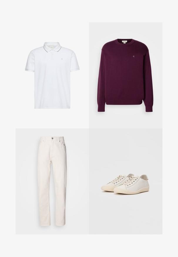 Lila Strickpullover mit langen Ärmeln, rundem Ausschnitt, geripptem Saum und Bündchen, mit kleinem CK-Logo auf der Brust. Glatte Textur.; Weißes Poloshirt mit kurzen Ärmeln, Zwei-Knopf-Leiste, grauem Besatz an Kragen und Bündchen sowie kleinem auf der Brust aufgesticktem "ck"-Logo.; Weiße Denim-Jeans mit geradem Bein, Knopf- und Reißverschluss, Gürtelschlaufen sowie Vorder- und Hintertaschen, auf einfarbigem Hintergrund gezeigt.; Weiße Sneaker aus glattem Leder mit tonalem Nähten, Schnürverschluss, runder Zehenpartie und einer strukturierten Gummisohle.