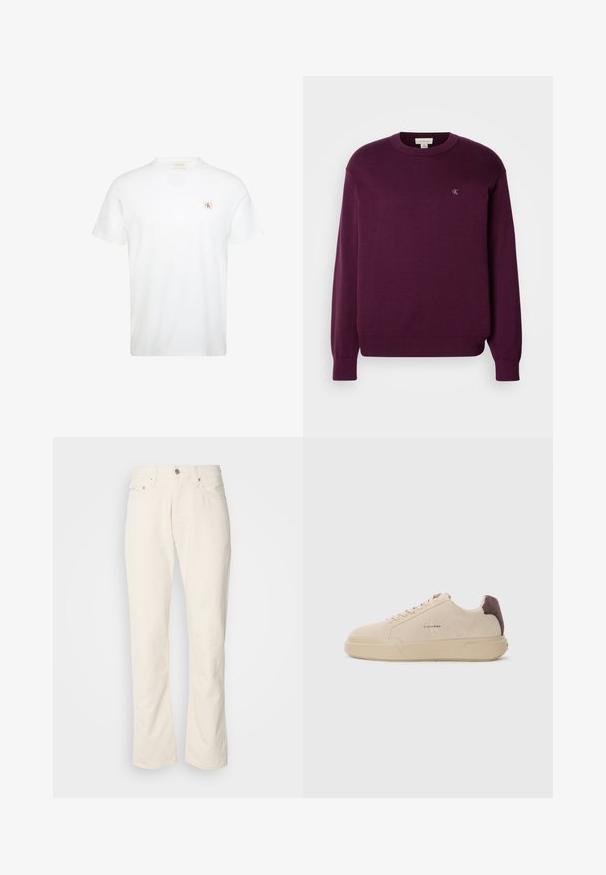 Lilla striktrøje med lange ærmer, rund hals, ribbet kant og manchetter, med et lille CK-logo på brystet. Glat tekstur.; Hvid t-shirt med korte ærmer og rund hals med lille rød og sort Calvin Klein logo lap på venstre bryst.; Beige bomuldsjeans med et klassisk lige ben-design, der har en forreste knaplukning, fem lommer og diskrete syninger.; Beige ruskind sneakers med rund tå, snørret foran og en brun ruskindsdetalje på hælen. Har en tekstureret gummisål.