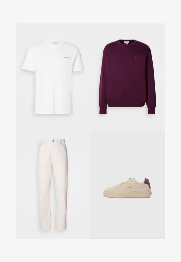 Sweater de punto morado con mangas largas, cuello redondo, dobladillo y puños acanalados, que presenta un pequeño logo de CK en el pecho. Textura suave.; Camiseta de algodón blanca con mangas cortas y un escote en forma de cuello redondo. Presenta un pequeño logotipo negro de "Calvin Klein" en el lado izquierdo del pecho.; Jeans de denim blanco de pierna recta con cierre de botón y cremallera, lazos para cinturón y bolsillos delanteros y traseros, mostrados sobre un fondo liso.; Zapatilla de ante beige con punta redondeada, cordones en la parte frontal y un acento de ante marrón en el talón. Cuenta con una suela de goma texturizada.