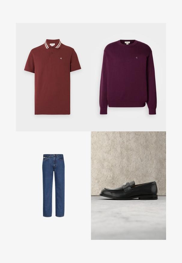 Pull en tricot violet avec manches longues, col rond, bord-côte en bas et aux poignets, arborant un petit logo CK sur la poitrine. Texture lisse.; Polo manches courtes marron avec double rayures blanches sur le col et petit logo "cK" blanc sur la poitrine gauche.; Jean bleu à jambes droites en denim, doté de cinq poches, d'une fermeture par bouton et zip, et d'un léger délavage sur le tissu.; Mocassin en cuir noir avec une plaque de marque en métal reposant près d'une table ronde marron sur un sol recouvert de moquette beige.