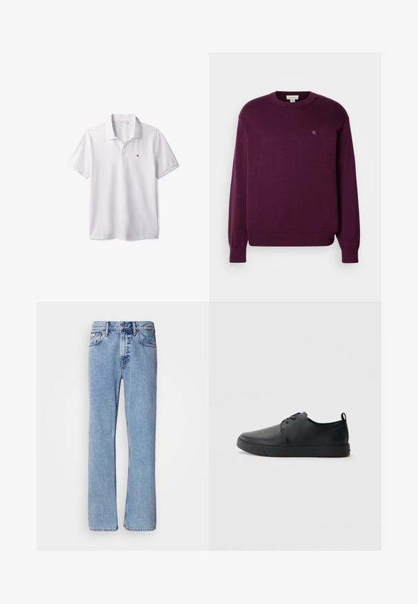 Paarse gebreide trui met lange mouwen, ronde hals, geribbelde zoom en manchetten, en een klein CK-logo op de borst. Gladde textuur.; Witte poloshirt met korte mouwen, kraag en klein rood "cK" logo op de linkerborst.; Lichtblauwe denim jeans met een recht ontwerp, vijf zakken en een knoopsluiting. Stikdetails nabij de zakken en de tailleband.; Zwarte leren sneaker met een gladde afwerking, ronde neus, tonale stiknaden, vetersluiting aan de voorkant en een vlakke rubberen zool. Lussje aan de hak.