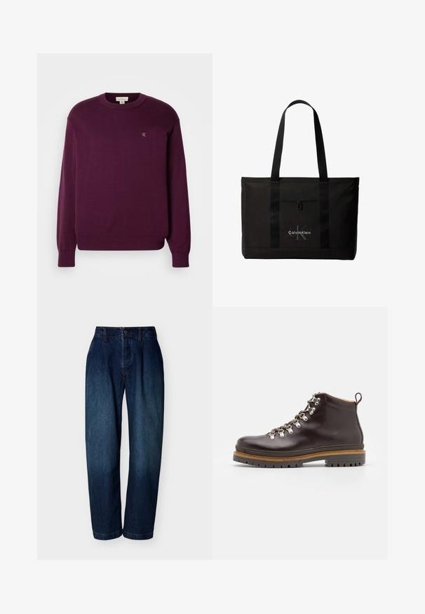 Paarse gebreide trui met lange mouwen, ronde hals, geribbelde zoom en manchetten, en een klein CK-logo op de borst. Gladde textuur.; Donkerblauwe jeans met hoge taille, rechte pijpen, knoop- en ritssluiting, taillebandlussen en subtiele stikdetails, afgebeeld op een witte achtergrond.; Zign by Zalando LEATHER - Veterboots - brown; Zwarte Calvin Klein totebag met twee lange handvatten en een voorvak, met het logo van het merk in wit en grijs.