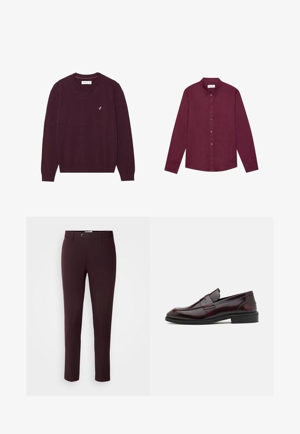 Pull à col en V bordeaux en tissu tricoté doux, avec des manches longues et un logo brodé rose subtil sur la poitrine.; Chemise à manches longues en bordeaux profond, confectionnée dans un mélange de coton. Elle présente un col classique, une fermeture à boutons sur le devant et un léger éclat.; Pantalons bourgogne foncé à coupe slim, avec une fermeture à bouton, des passants de ceinture et des plis à l'avant. Tissu lisse avec un design élégant.; Mocassins en cuir bordeaux avec une finition lisse, un accent rectangulaire à l'avant et une pointe arrondie, dotés d'une semelle en caoutchouc noir.