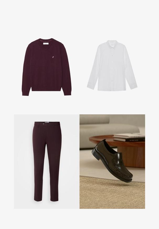 Bourgogne v-hals sweater lavet af blødt strikmateriale, med lange ærmer og et diskret lyserødt broderet logo på brystet.; Hvid langærmet skjorte lavet af glat stof, med spidse krave, frontknaplukning og enknapsmanchetter.; Mørkeburgunder bukser med slim fit, der har knaplukning, bæltestropper og frontfolder. Glat stof med et glat design.; Sort læder slip-on loafersko svævende over et beige vævet tæppe med et træ sofabord og bøger i baggrunden.