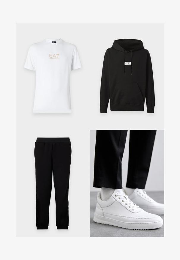 Sudadera negra de algodón, con un bolsillo tipo canguro en la parte frontal, capucha con cordón y una pequeña etiqueta blanca en el pecho.; Camiseta blanca de algodón con escote redondo y mangas cortas, con un logo dorado de EA7 Emporio Armani impreso en el frente.; Pantalones de chándal negros hechos de un material suave, con una banda elástica en la cintura, puños ajustados y bolsillos laterales para mayor comodidad.; Zapatillas de cuero blanco con una suela de goma plana, que presentan un acabado suave, punta redonda y ojetes de metal para los cordones. Llevadas con pantalones negros.