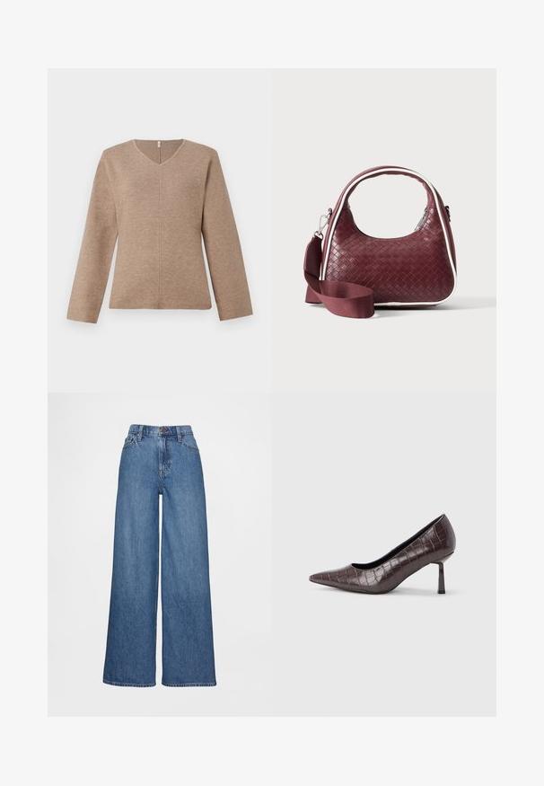 V-hals striktrøje i lysebrunt strikket stof, med lange ærmer og en central sømdetalje for en afslappet pasform. Glat tekstur, minimalistisk design.; Vidbenede jeans i mediumblåt denim, med høj talje, bæltestropper og knaplukning. Glat tekstur med få syningsdetaljer.; Brune kunstlæder stiletter med spidse tæer og krokodilletekstur, der har en slank, vinklet hæl og en glat inderside.; Mørkerød vævet lædertaske med buet hank, hvid kant, sølv lynlås og aftagelig bred stofskulderrem mod en ensfarvet baggrund.