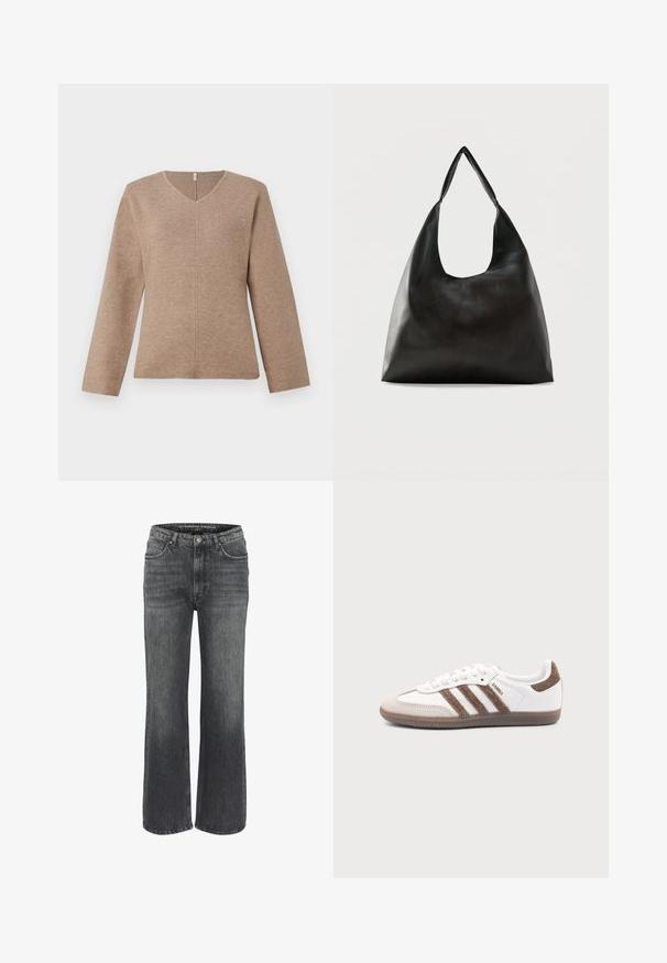 V-Ausschnitt Pullover aus hellbraunem Strickstoff, mit langen Ärmeln und einer mittigen Nahtdetails für eine lockere Passform. Glatte Textur, minimalistisches Design.; Weite Jeans aus dunkelgrauem Denim mit klassischem Fünf-Taschen-Design, genähten Details und einem Knopfverschluss an der Taille.; Weißer Adidas Samba Sneaker mit braunen Wildlederstreifen, brauner Gummisohle und beiger Wildlederkappe, von der Außenseite auf schlichtem Hintergrund gezeigt.; Schwarze, glatte Leder-Schultertasche mit einem breiten, einzelnen Riemen und einem lässigen, minimalistischen Design vor einem einfarbigen Hintergrund.