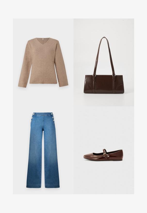 V-Ausschnitt Pullover aus hellbraunem Strickstoff, mit langen Ärmeln und einer mittigen Nahtdetails für eine lockere Passform. Glatte Textur, minimalistisches Design.; Weite blaue Denim-Hose mit hoher Taille, knöpfbaren Seitendetails und einem sauberen Saum. Der Stoff hat eine glatte Textur mit einem leichten Verblassen.; Braune Lackleder-Ballerinas mit quadratischer Zehenform und Riemen mit einer kleinen goldenen Schnalle. Glatte Textur, niedriger Absatz und minimalistisches Design.; Braune Lackleder-Handtasche in rechteckiger Form, mit zwei langen Griffen und subtilen, geschwungenen Akzenten auf der Vorderseite.