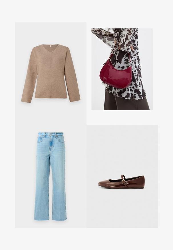 Πλεκτό πουλόβερ σε ανοιχτό καφέ χρώμα με V-ντεκολτέ, διαθέτει μακριά μανίκια και κεντρική ραφή για άνετη εφαρμογή. Απαλή υφή, μινιμαλιστικός σχεδιασμός.; Απαλές μπλε τζιν παντελόνες με ίσια γραμμή, που διαθέτουν ψηλή μέση, αντίθετη ραφή και ελαφρώς ξεθωριασμένη υφή.; Καφέ πατεντα δερμάτινη μπαλαρίνα με τετράγωνη μύτη και λουράκι που διαθέτει μια μικρή χρυσή πόρπη. Λείος υφή, χαμηλό τακούνι και μινιμαλιστικός σχεδιασμός.; Γυναίκα που φοράει μια μπλούζα με μαύρο-άσπρο μοτίβο κρατάει μια γυαλιστερή κόκκινη τσάντα ώμου σε απλό φόντο.